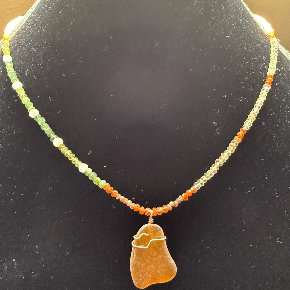 Multicolor Gemstone Beaded Necklace with Sea Glass Pendant